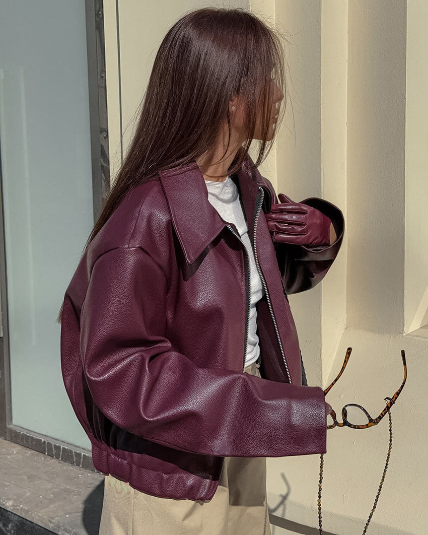 A Retro Biker's Style Wine Red European And American Handsome Matte Leather Jacket Coat free delivery