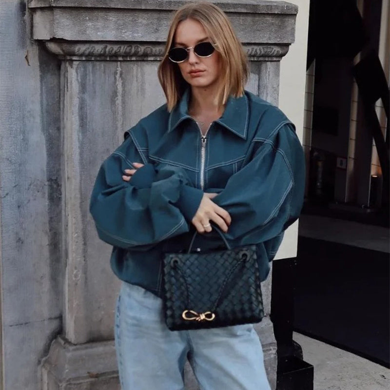 A Loose Fashion Lapel Zip-up Jacket Cool Long Sleeve Zipper Closure Moto Biker Leather Jacket Womens Clothing free delivery