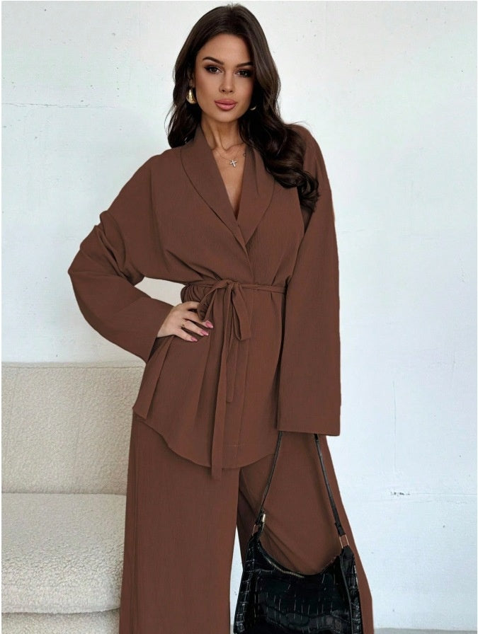 A V-neck Women's Temperament Long Sleeve Elegant Wide-leg Pants Suit free delivery