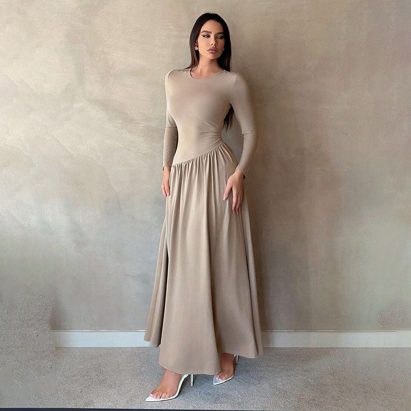 A Base Pleated Solid Color Long Dress free delivery