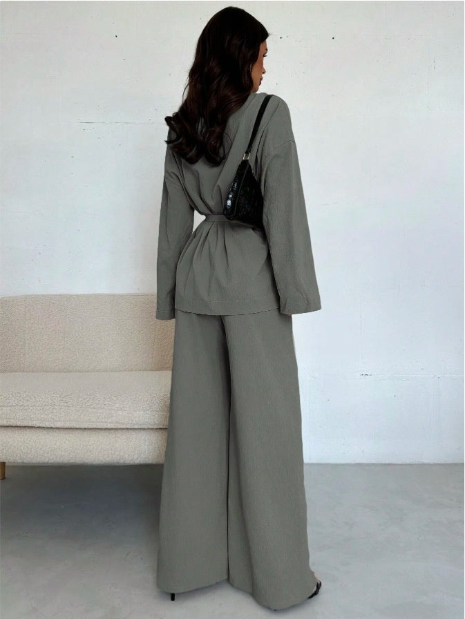 A V-neck Women's Temperament Long Sleeve Elegant Wide-leg Pants Suit free delivery