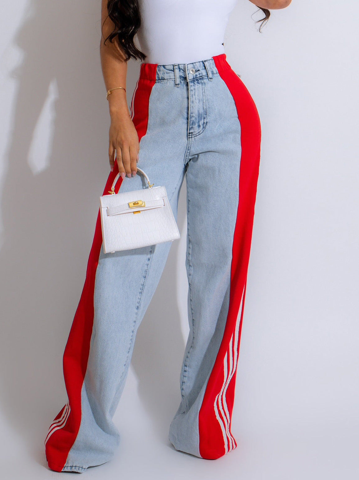 A Wide-leg patchwork denim trousers casual 2024 style free delivery
