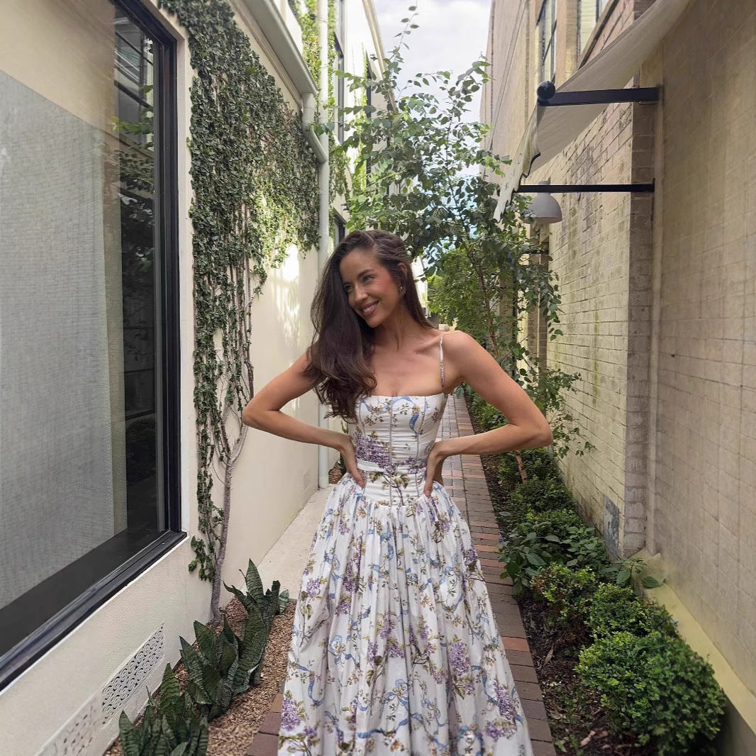 A Women's Sling Floral Tight Waist Dress free delivery