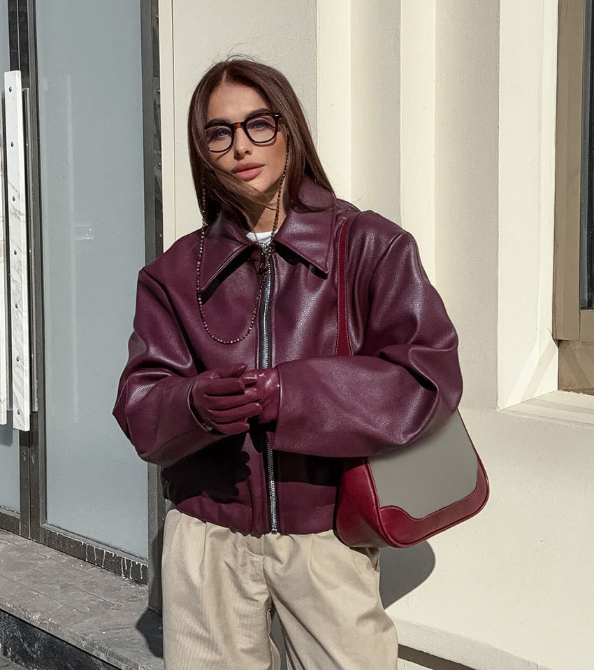 A Retro Biker's Style Wine Red European And American Handsome Matte Leather Jacket Coat free delivery