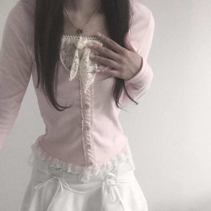 Girl's Lace Stitching Contrast Color Knitted Long-sleeved Top T-shirt free delivery
