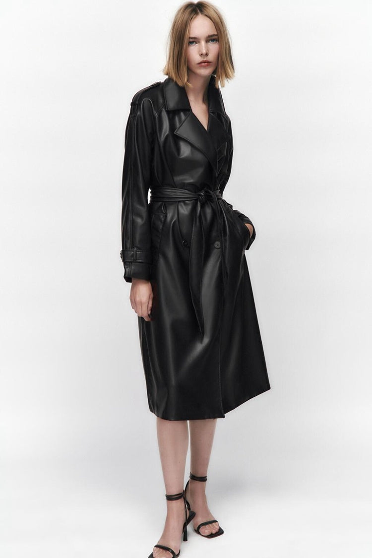 A Women's Clothing AutumnLong Sleeve Slim Fit With Belt Imitation Leather Trench Coat free delivery