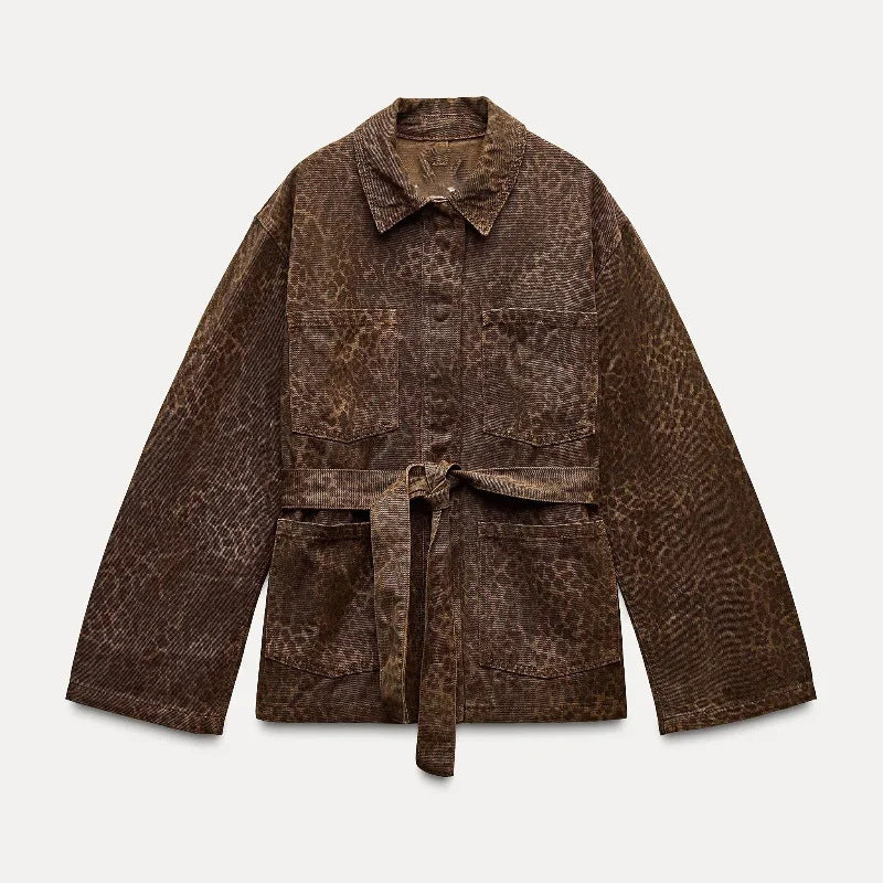 A Women's Fashion Animal Pattern Printing Lapel Coat free delivery