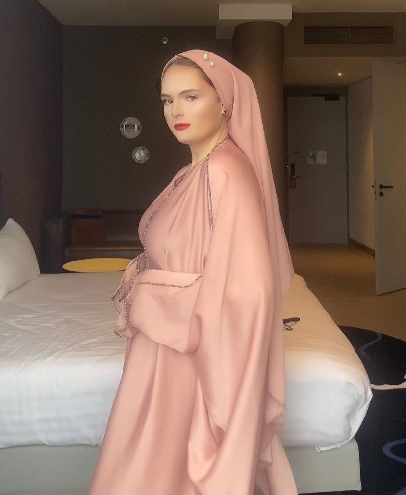 A 1 Elegant Pink Abaya Dress for Women – Modest Long Sleeve Evening Gown, Islamic Fashion, Middle Eastern Outfit