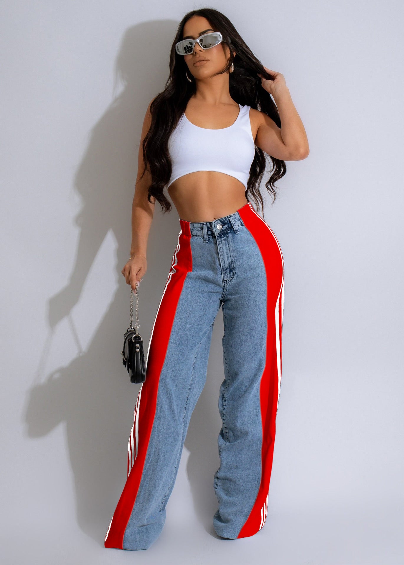 A Wide-leg patchwork denim trousers casual 2024 style free delivery
