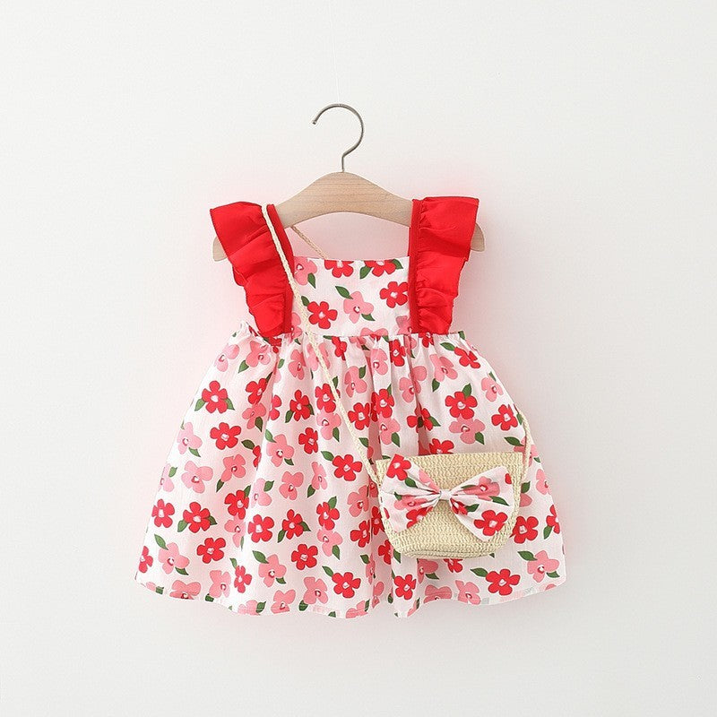 Baby Girl Flounced Sleeve Dress Free Bamboo Basket Satchel free delivery