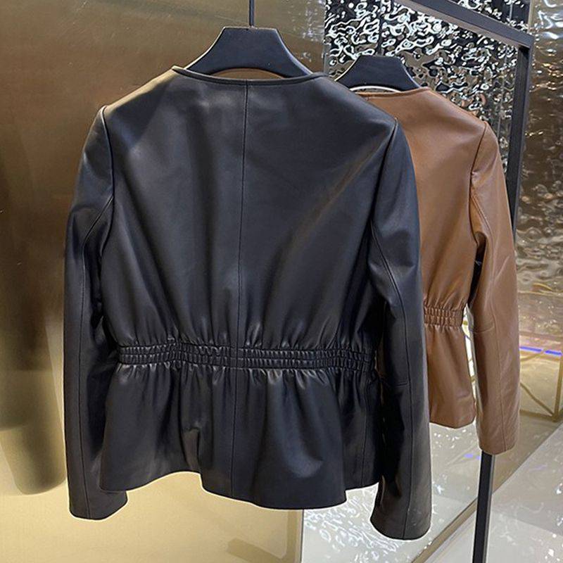A Round Neck Washed Leather Single-breasted Waist Slim Fit Coat free delivery