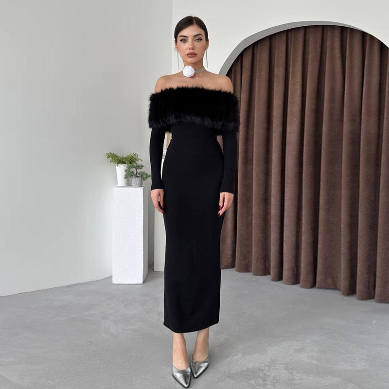A Off-shoulder Fur Collar Slim Fit Dress Women free delivery