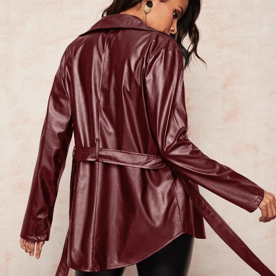 A Women's leather shirt mid-length zipper belt top free delivery