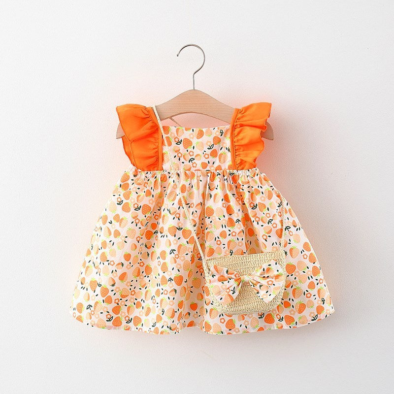Baby Girl Flounced Sleeve Dress Free Bamboo Basket Satchel free delivery