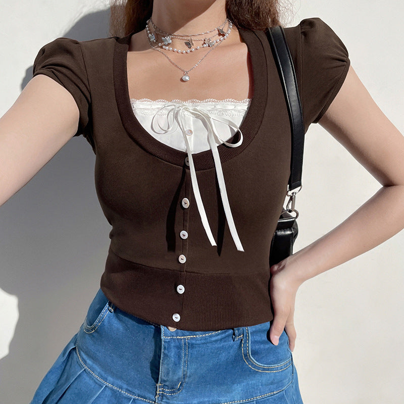 Lace Stitching Bow Square Collar High Waist Short Sleeve T-shirt Top free delivery