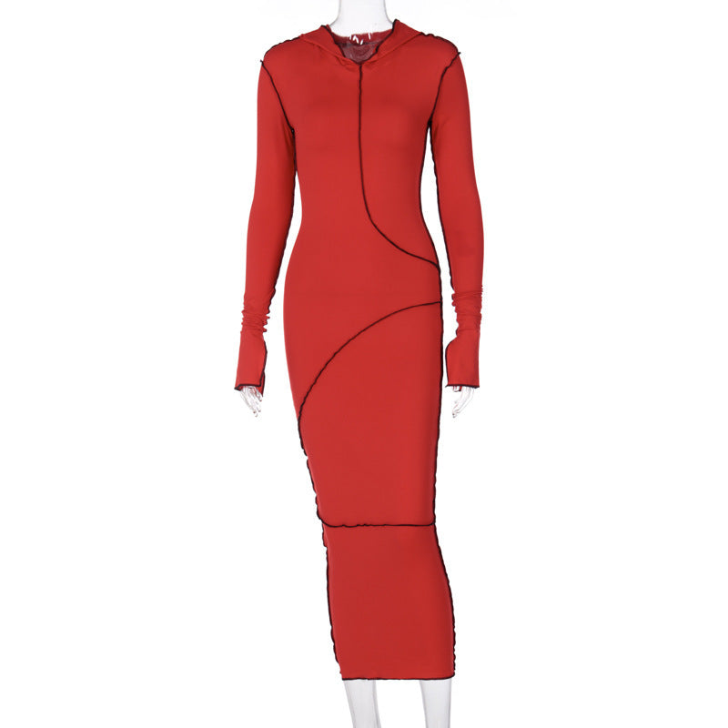 Reverse Stitch Long - Sleeved Dress With Hooded Hood