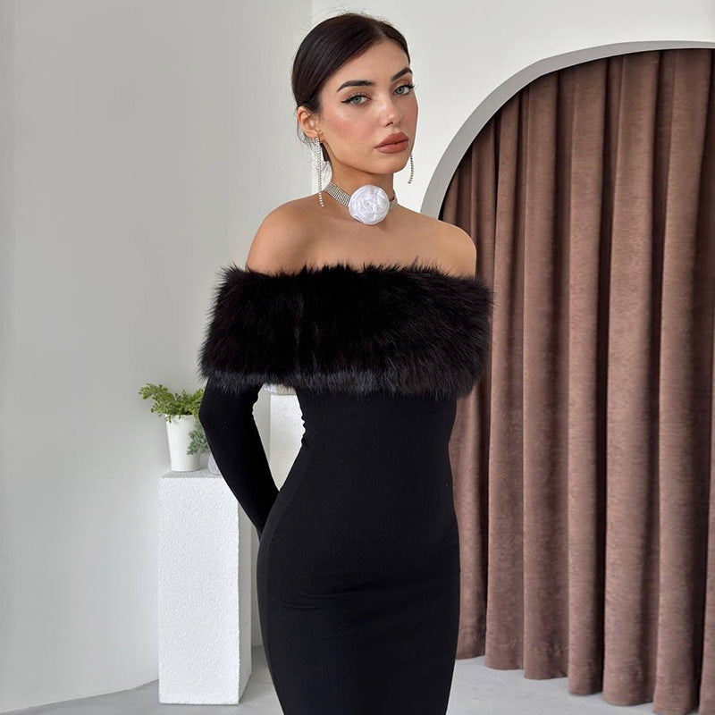 A Off-shoulder Fur Collar Slim Fit Dress Women free delivery