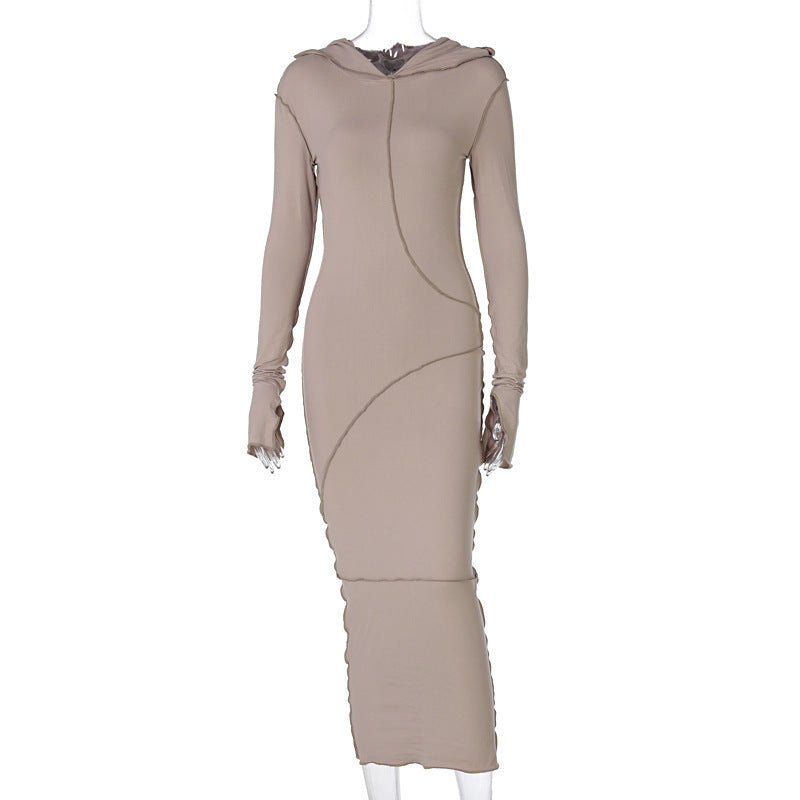 Reverse Stitch Long - Sleeved Dress With Hooded Hood