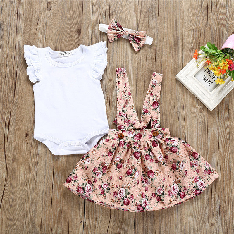 Girls' Cotton White Flying Sleeve Short-sleeved Romper Flower Suspenders Skirt Head Knot free delivery