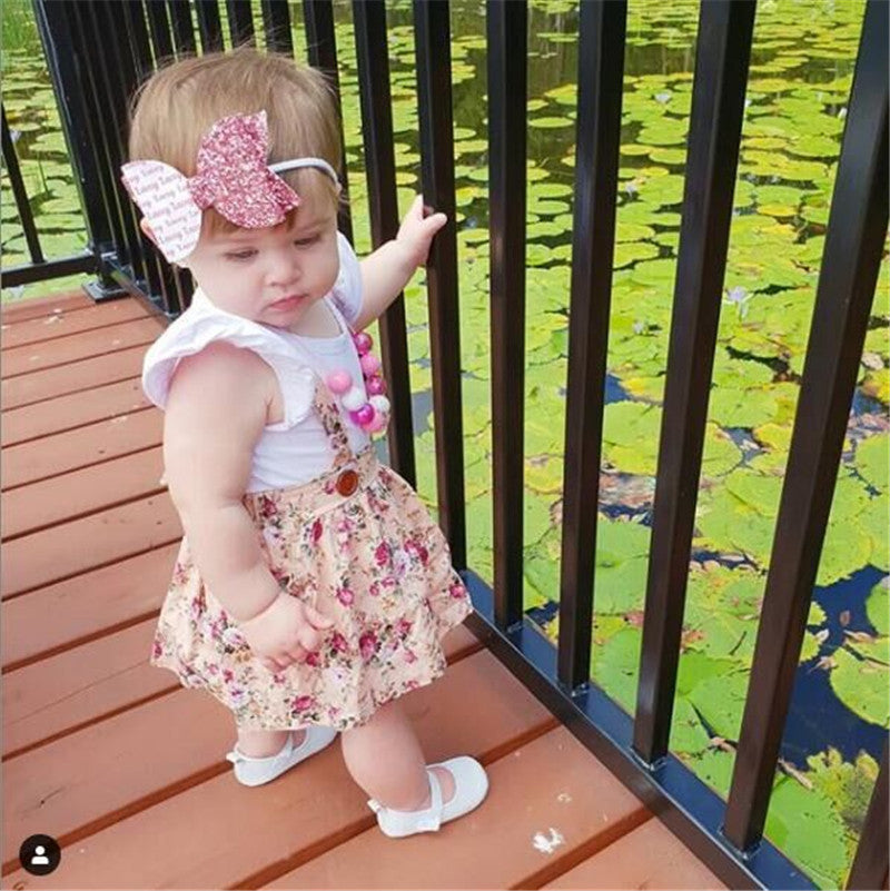 Girls' Cotton White Flying Sleeve Short-sleeved Romper Flower Suspenders Skirt Head Knot free delivery