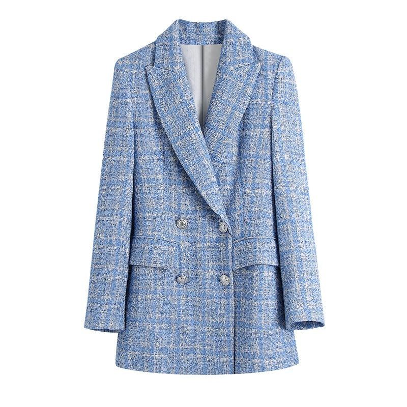 A European And American Women'S Spring New Plaid Texture Double-Breasted Mid-Length Suit Jacket free delivery
