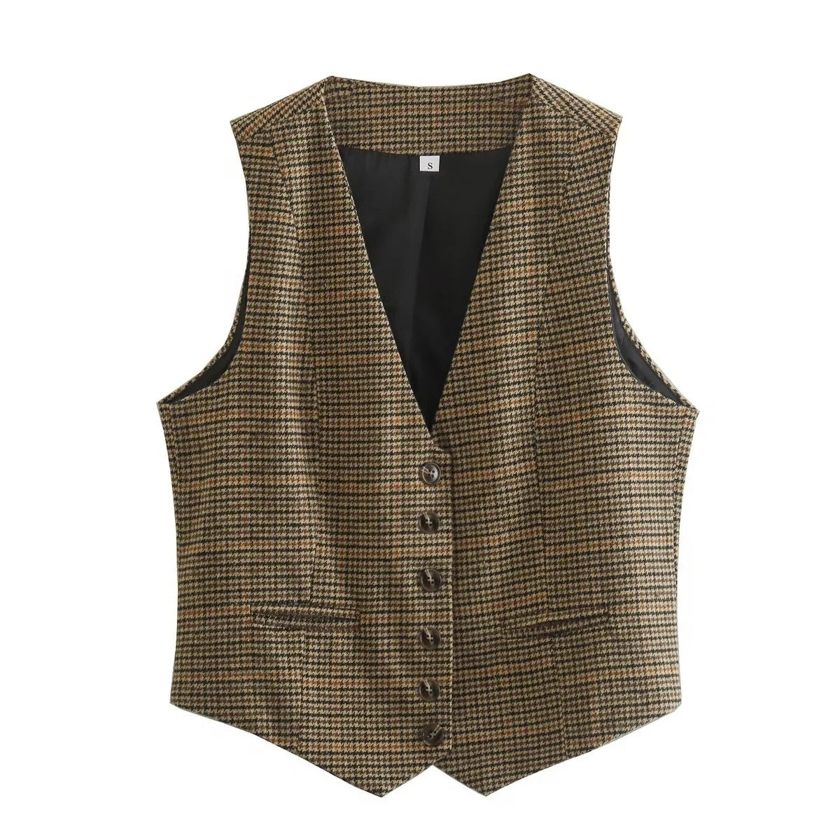 A Single-breasted Short Contrast Color Houndstooth Vest Jacket free delivery