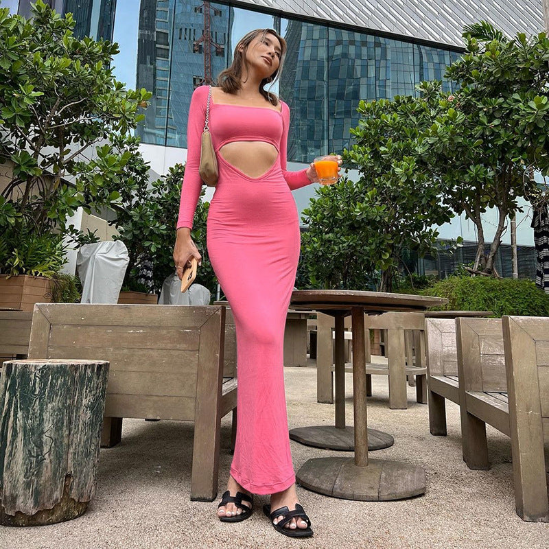 A Solid Color Casual Cutout Long Sleeve Slim Fit Long Dress free delivery