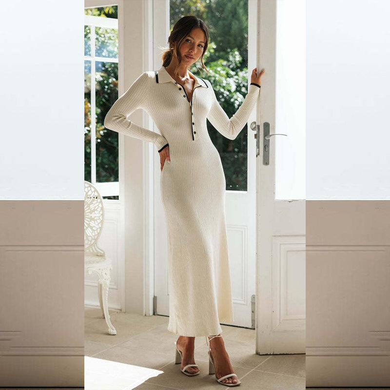 A Women's Fashion Polo Collar Knitted Sheath Long Sleeve Dress free delivery