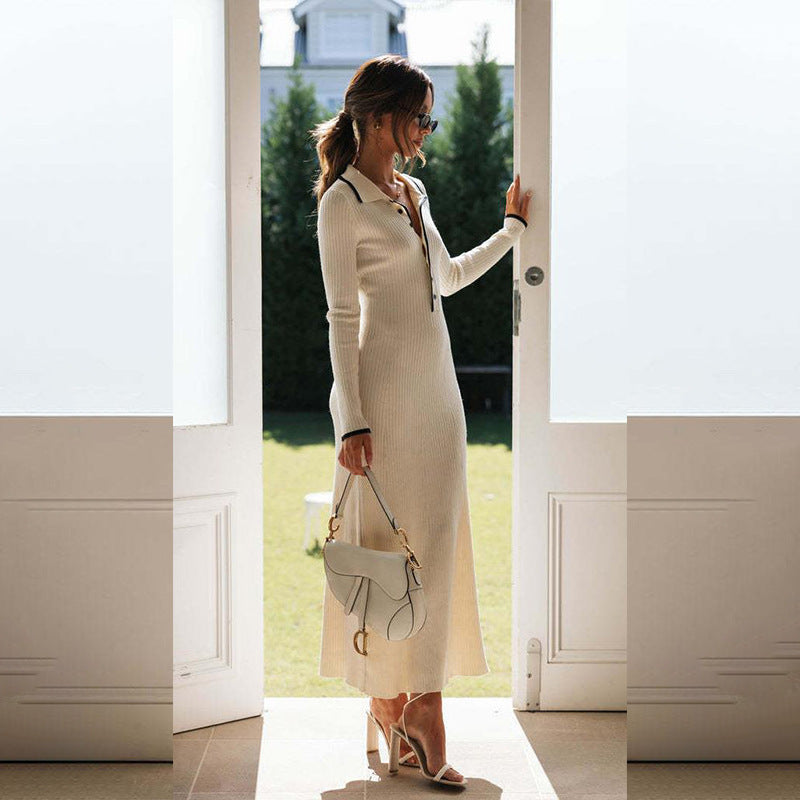 A Women's Fashion Polo Collar Knitted Sheath Long Sleeve Dress free delivery