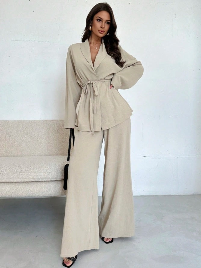A V-neck Women's Temperament Long Sleeve Elegant Wide-leg Pants Suit free delivery