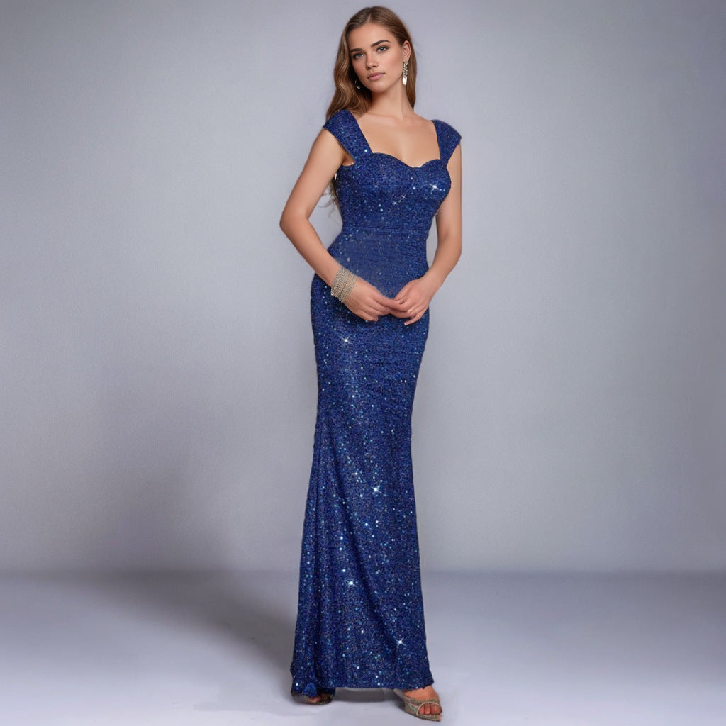 Solid Color And V-neck Sequin Sling High Waist Evening Dress free delivery
