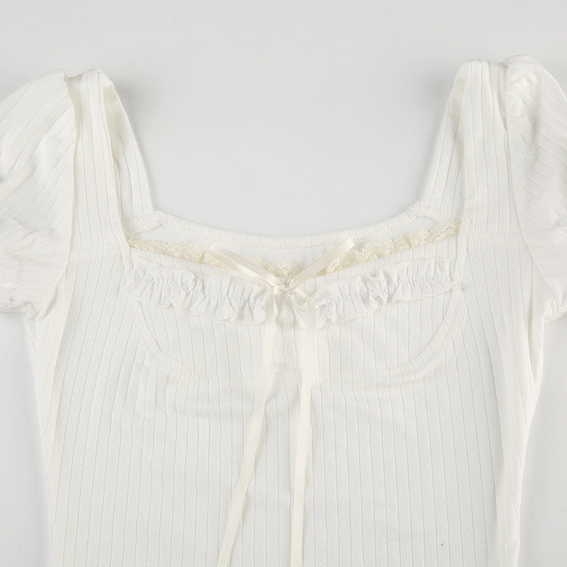 A Women's Fashionable Pleated Lace Stitching Puff Short Sleeve T-shirt free delivery