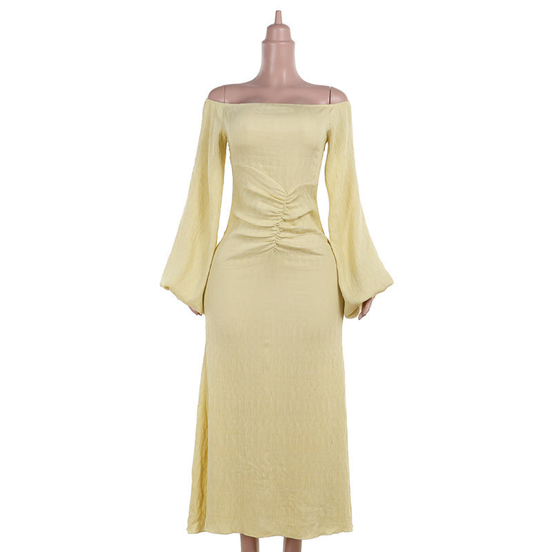 Off-shoulder Waist Pleated Puff Sleeve Dress free delivery