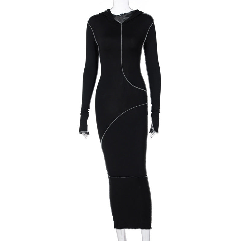 Reverse Stitch Long - Sleeved Dress With Hooded Hood