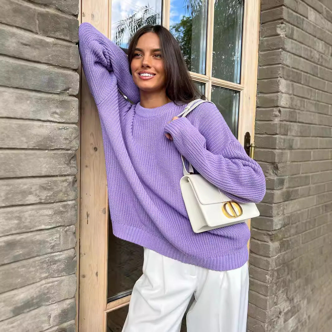 A Sweater Round Neck Loose Solid Color Sweater free delivery