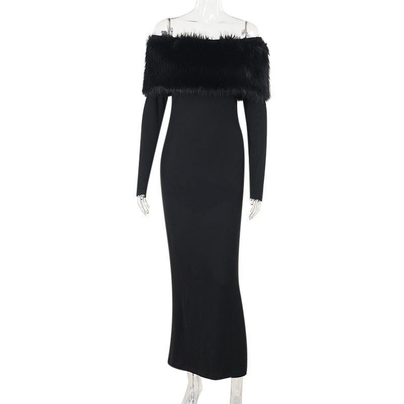 A Off-shoulder Fur Collar Slim Fit Dress Women free delivery