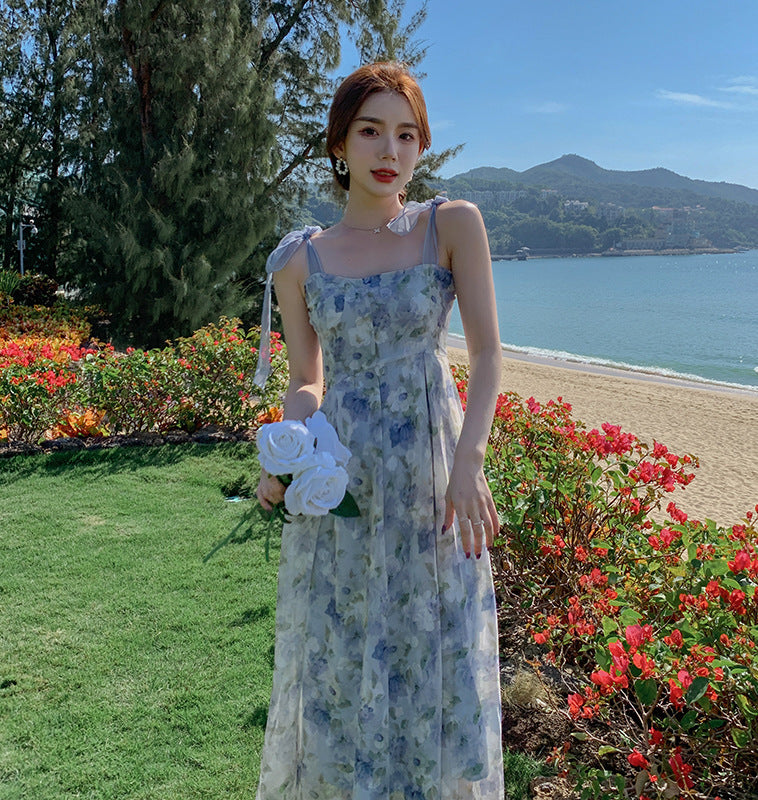 A Korean Tea Break French Niche Suspender Dress Oil Painting Style free delivery