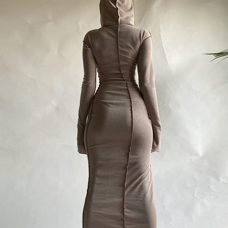 Reverse Stitch Long - Sleeved Dress With Hooded Hood
