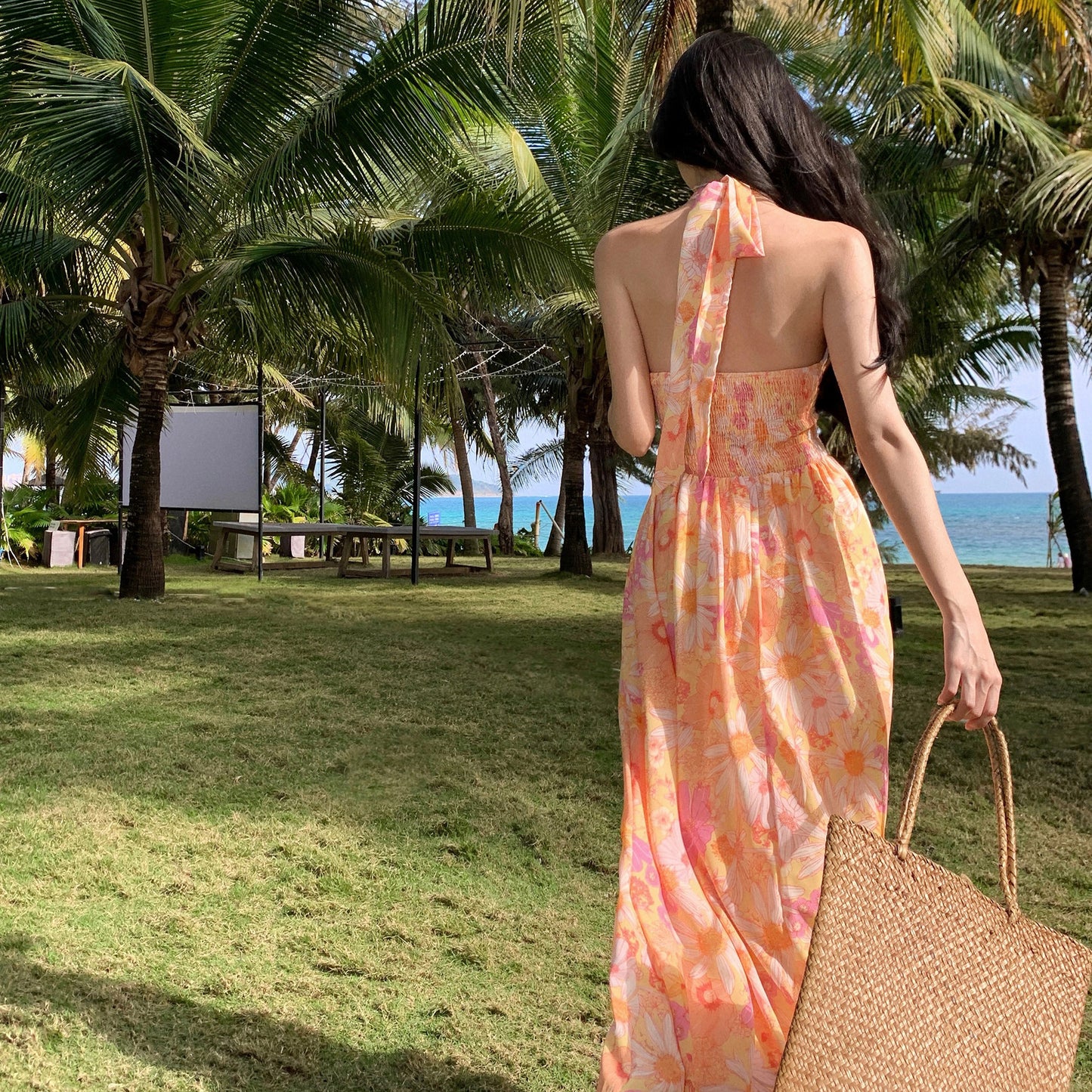 A Korean Seaside Holiday Beach Dress Chiffon Floral Backless Tube Top free delivery