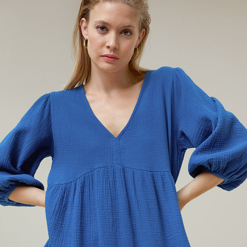 A Women's Loose Blue Pure Cottom Long Nightdress free delivery