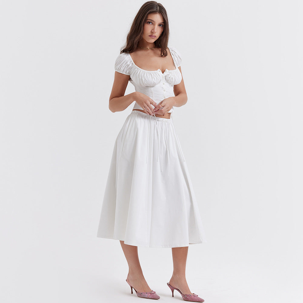A Square Collar Puff Sleeve Short Midriff-baring Top Skirt Suit free delivery