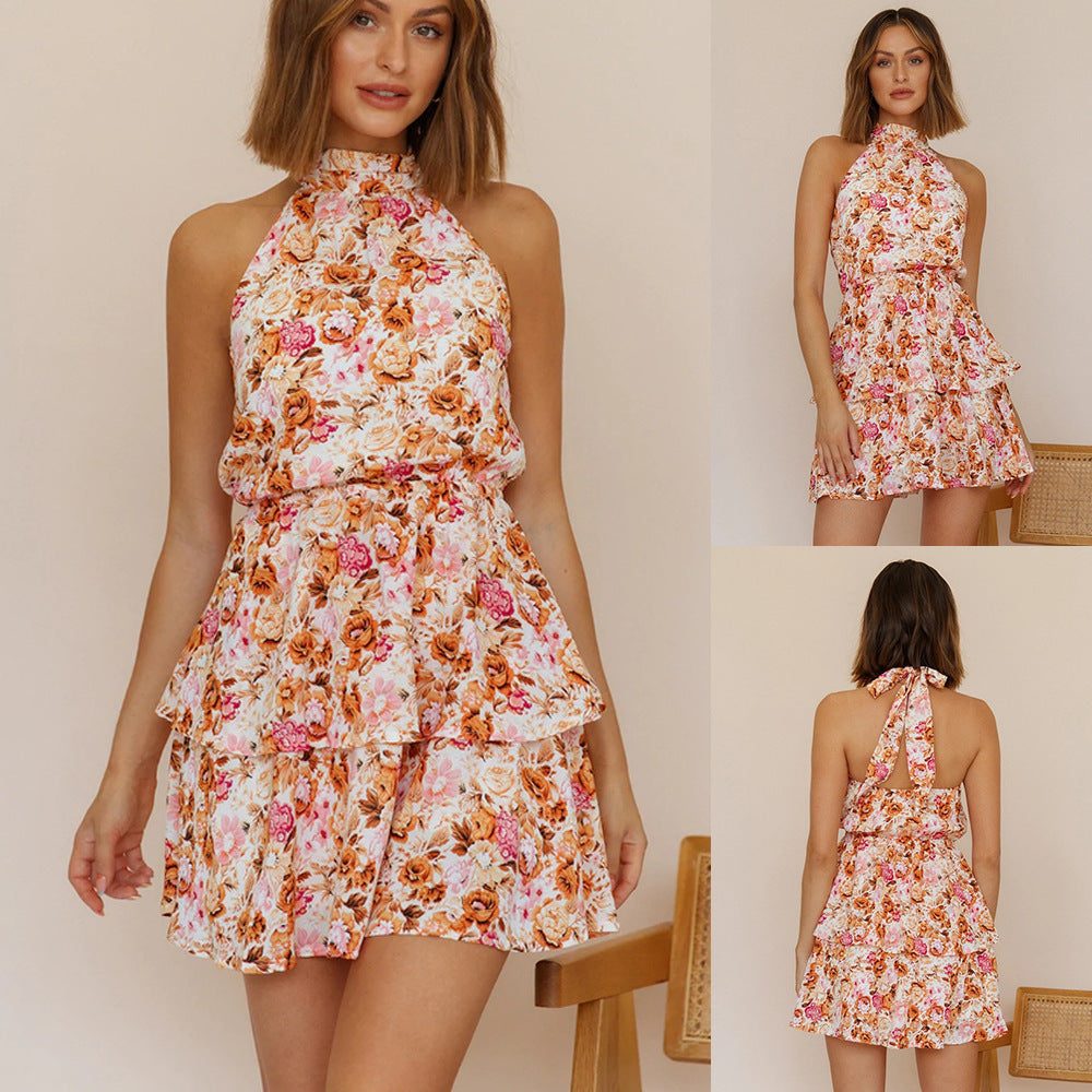 A New Neck Strap Printed Sleeveless Dress For Women free delivery