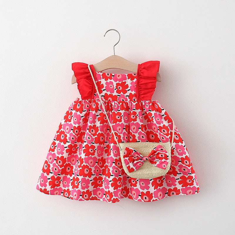 Baby Girl Flounced Sleeve Dress Free Bamboo Basket Satchel free delivery