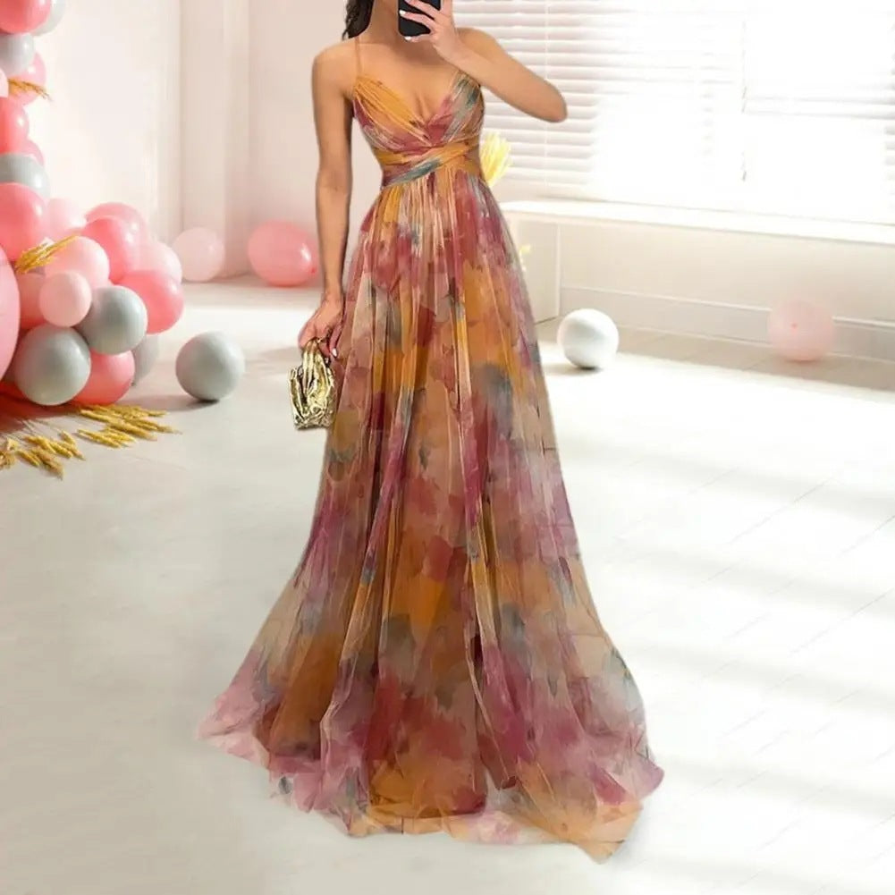 A Mesh Printing Slip Dress Holiday Leisure Party free delivery