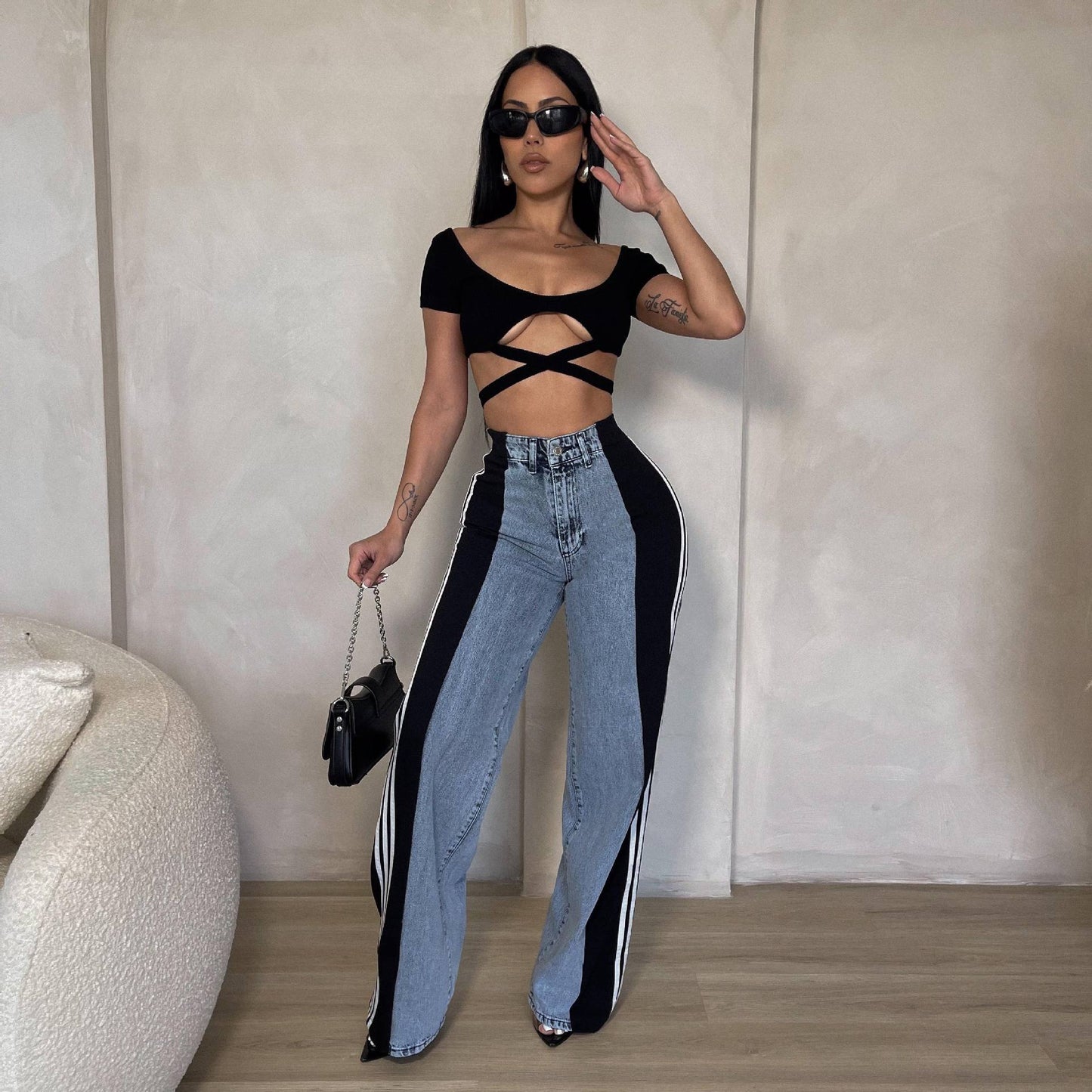 A Wide-leg patchwork denim trousers casual 2024 style free delivery