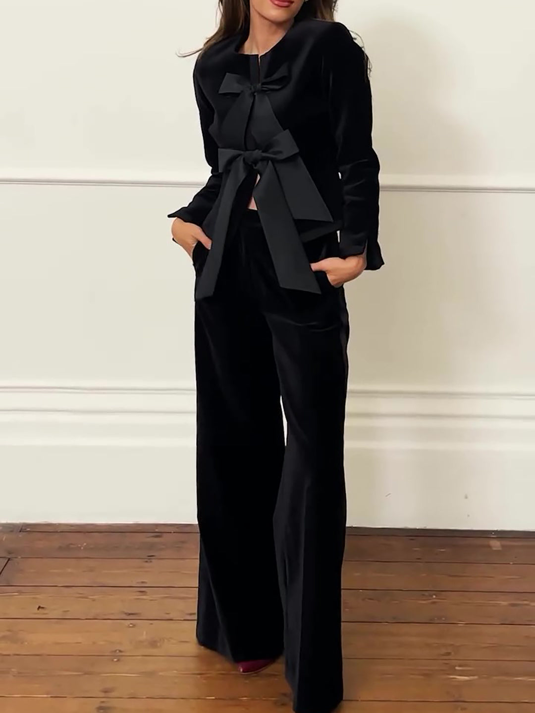 A Black Velvet Bow Jacket & Wide-Leg Pants Suit | Elegant Women’s Evening Outfit with Free Delivery
