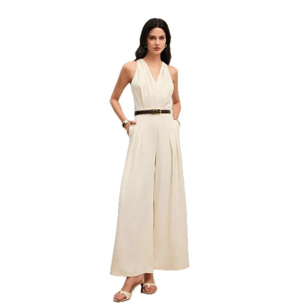 Women's Solid Color And V-neck Sleeveless Fashion Casual Jumpsuit free delivery