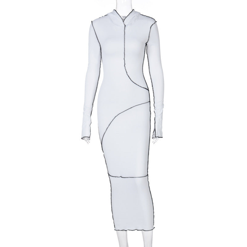Reverse Stitch Long - Sleeved Dress With Hooded Hood