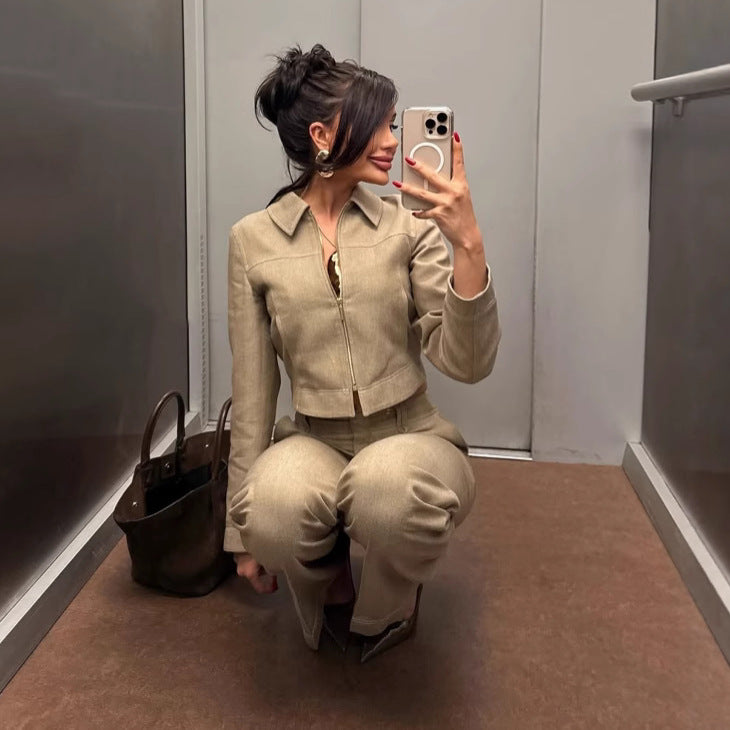 Summer New Casual Herringbone Pattern Long Sleeve Coat Straight-leg Pants Suit free delivery