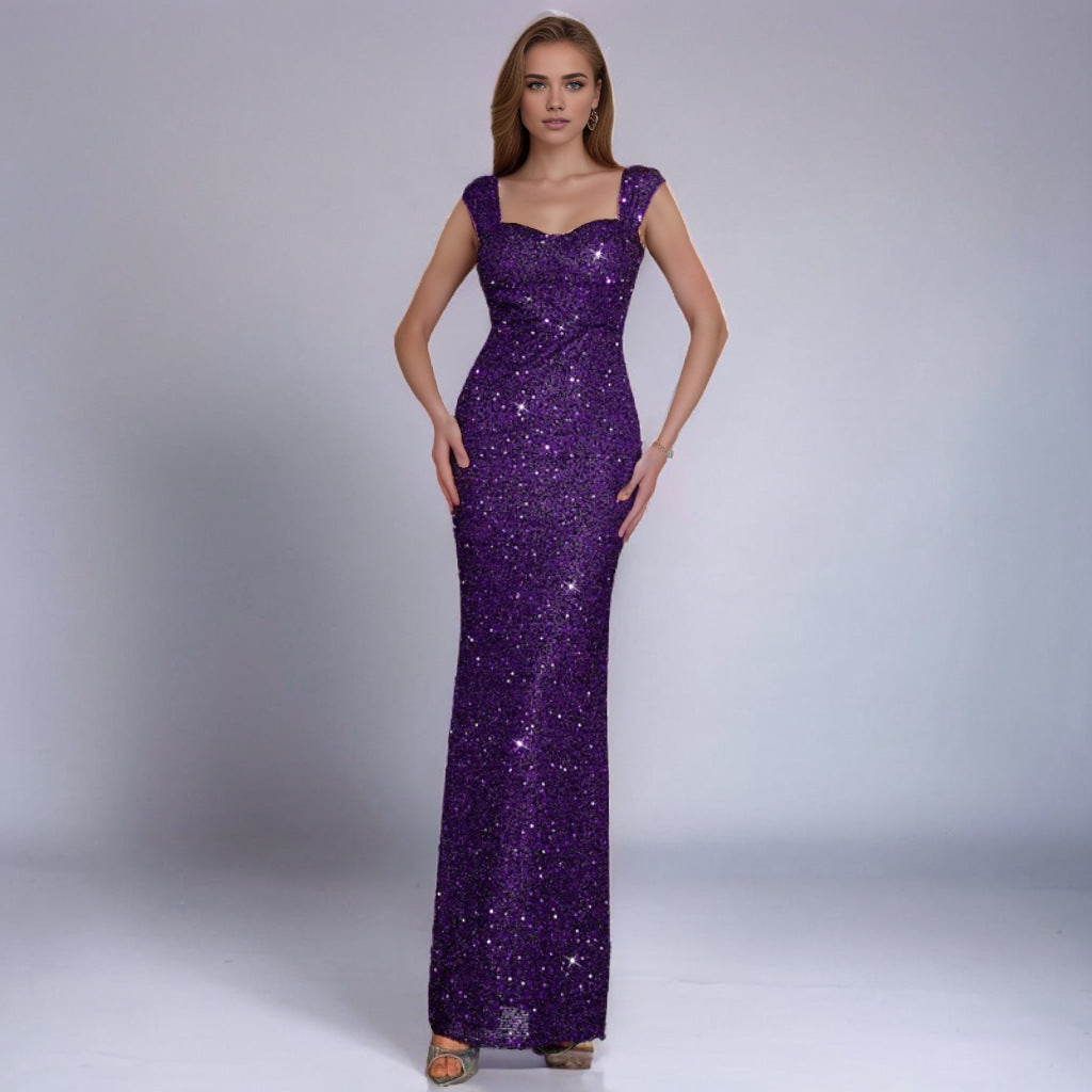 Solid Color And V-neck Sequin Sling High Waist Evening Dress free delivery